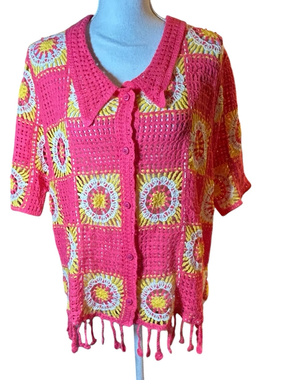 Pink Crochet Button-Down Shirt with Floral Square Motifs